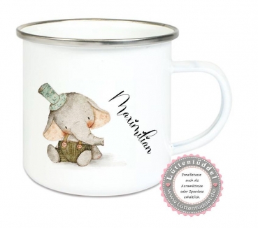 Emaillebecher Keramikbecher Elefant vielen Variationen möglich personalisiert mit Name Kindergarten Geburt Taufe Kindergartenkind Einschulung Geburtstag von Lüttentüddel®
